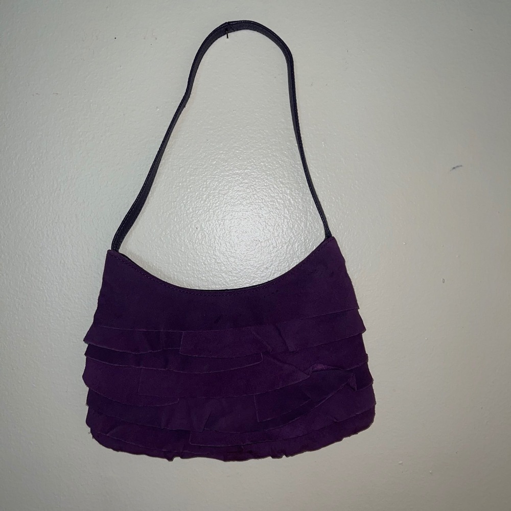 Coldwater Creek Purple Suede Ruffle Shoulder Bag Hobo Purse Boho Tiered Zip Top